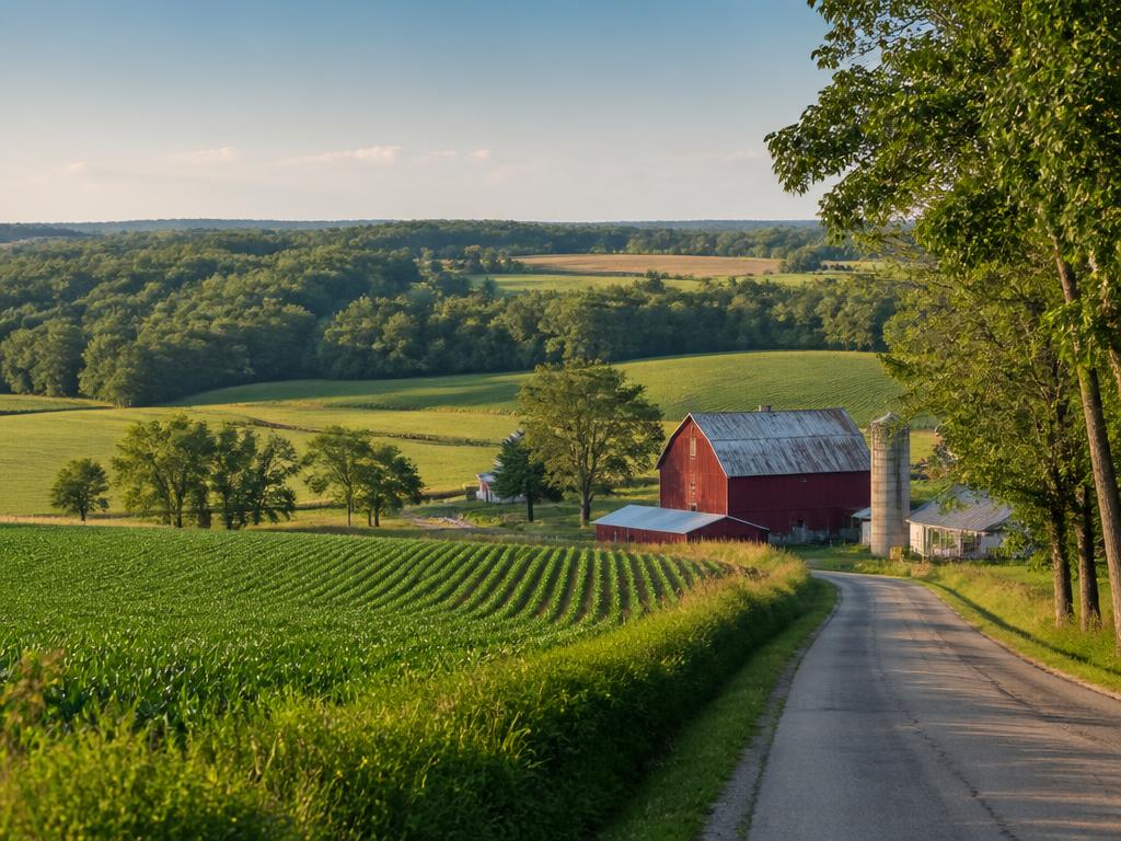 Rolling farmland and country road in Lorain County, Ohio