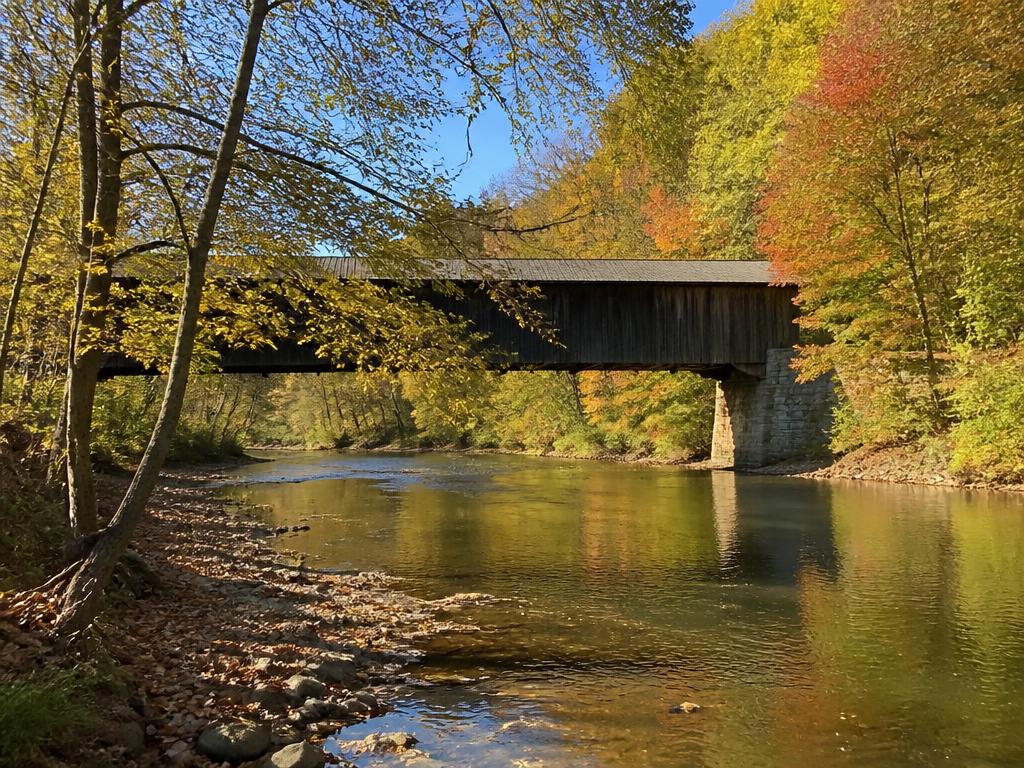 Covered bridge and river valley in Ashland County, Ohio
